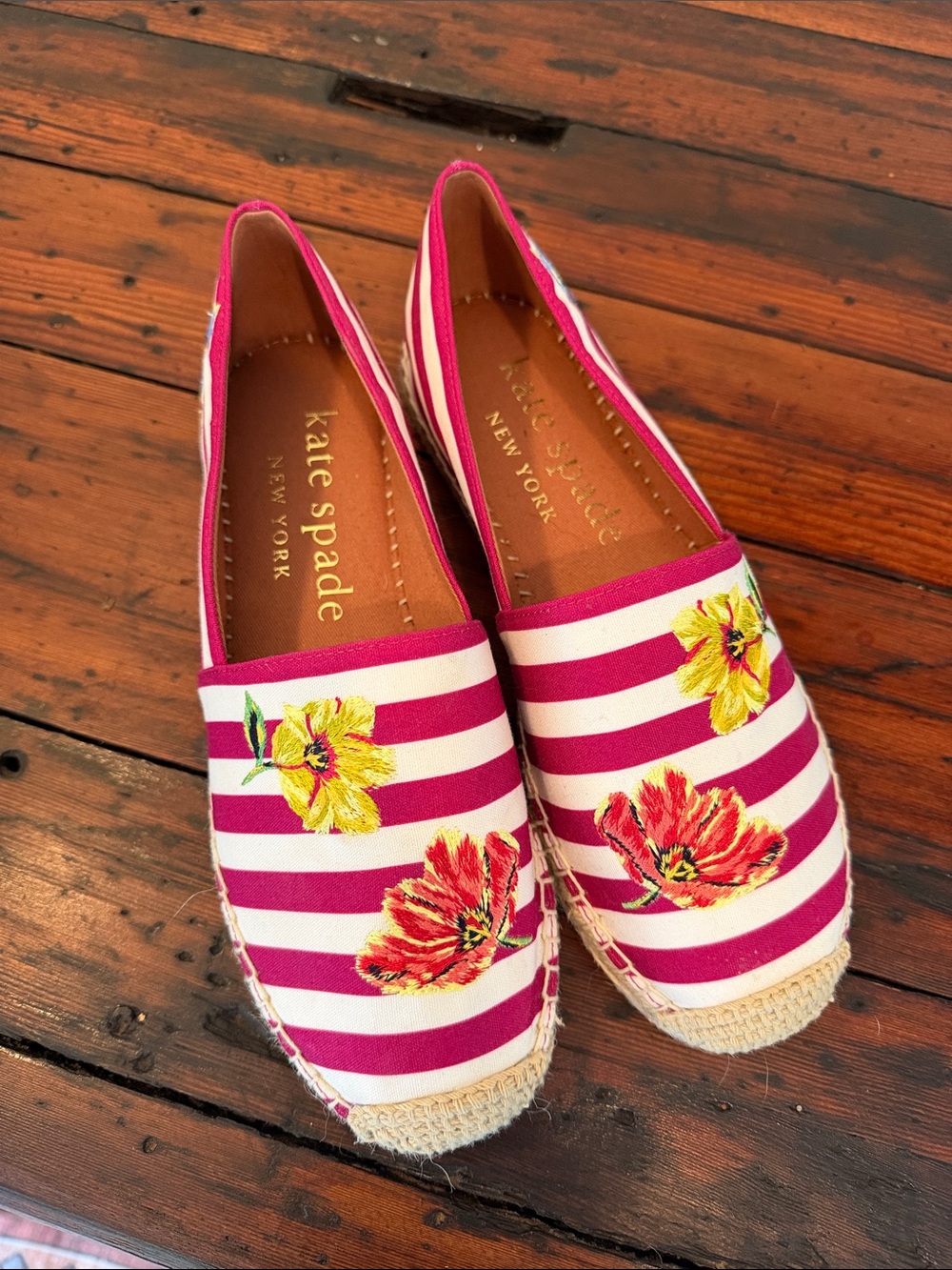 Kate Spade Fuchsia and White Striped Floral Espadrilles. Size 7.5